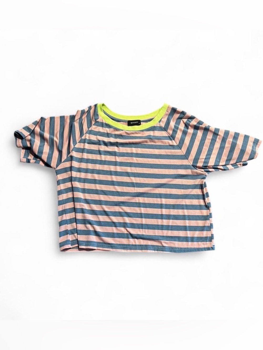 SHEIN Pink and Blue Striped Cropped Tee with Neon Yellow Trim